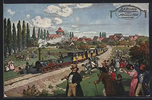 AK Die erste deutsche Eisenbahn Adler zwischen Nürnberg und Fürth unterwegs