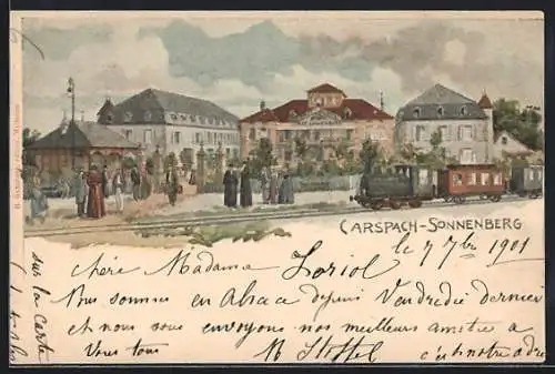 Künstler-AK Carspach-Sonnenberg, Ortspartie mit Kneippheilanstalt Bad Sonnenberg und Bahnsteig mit einfahrendem Zug
