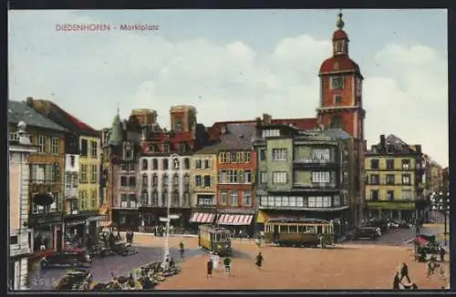 AK Diedenhofen, Marktplatz mit Strassenbahn aus der Vogelschau