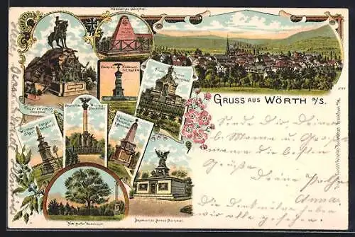 Lithographie Wörth a/S, Hessisches Denkmal, Württemberger Jägerdenkmal, Franz. Armee-Denkmal