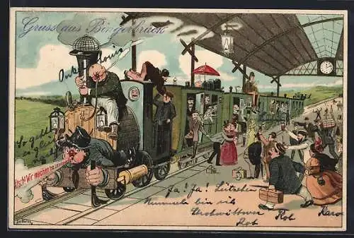 Lithographie Landpartie, Eisenbahn mit wild verteilten Fahrgästen in einem Bahnhof