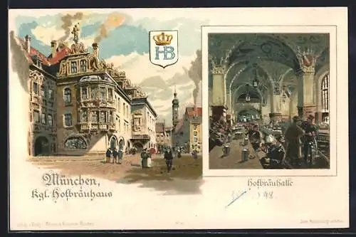 Lithographie München, Blick auf das Münchner Hofbräuhaus mit Innenansicht