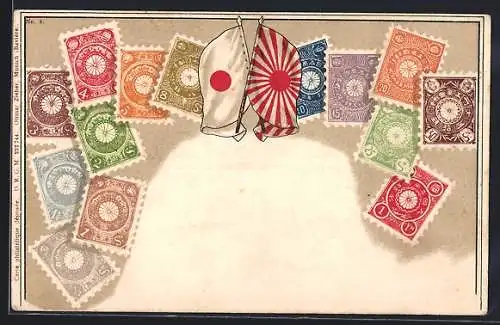 AK Japan, Briefmarken, Fahnen