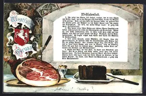 AK Westfalenlied in Textform, Wappen, Schinken und Pumpernickel auf einem Teller