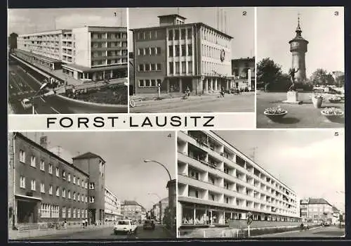 AK Forst /Lausitz, Berliner Strasse, Konsum-Kaufhaus, Wasserturm, Post und Berliner Strasse