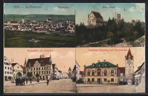 AK Mindelheim, Marktplatz mit Rathaus, Östlicher Eingang vom Ort mit Siegeshalle, Mindelburg