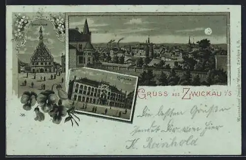 Mondschein-Lithographie Zwickau i. S., Blick auf die Stadt, Rathaus und Gewandhaus