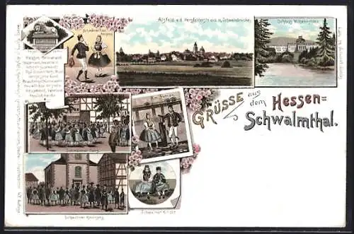 Lithographie Alsfeld, Schloss Wilhelmshöhe, Schwälmer-Tanz, am Brunnen, Schwälmer Kirchengang