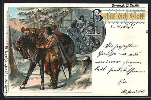 Lithographie Behüt Dich Gott!, Trompeter von Säckingen im winterlichen Wald