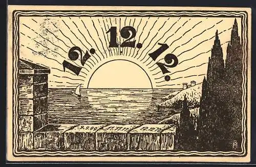 AK Besonderes Datum, 12.12.12, 11.11.11, 9.9.99, Sonnenuntergang, Segelboot