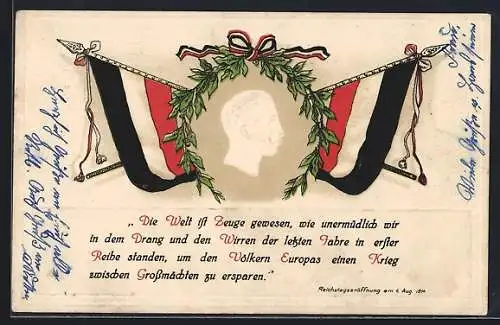 AK Kaiser Wilhelm II., Profilbild, Reichsfahnen, Text