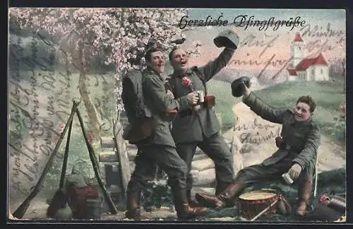 AK Herzliche Grüsse, Feldgraue bei Rast