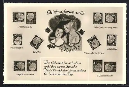AK Briefmarkensprache, Wann kommst Du, Ewig Dein, In Gedanken bei Dir, Paar im Kleeblatt