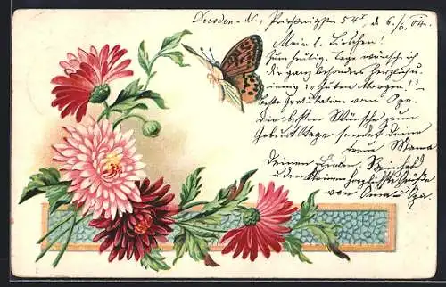 AK Schmetterling tanzt um einen Blumenstrauss, Gedicht