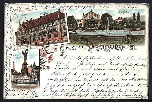 Lithographie Freiburg / Breisgau, Rathhaus, Stadtgarten, Siegesdenkmal