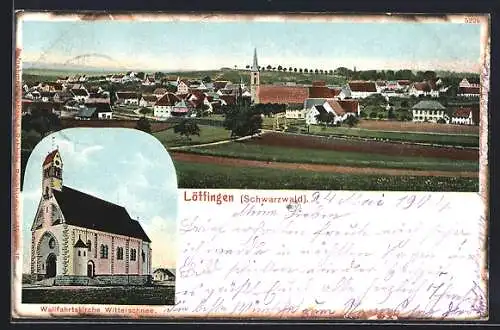 Lithographie Löffingen, Wallfahrtskirche Witterschnee, Ortspanorama