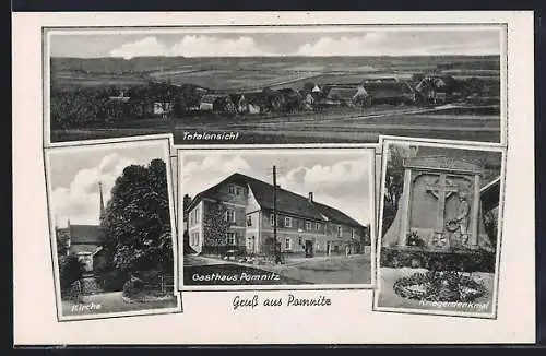 AK Pomnitz, Gasthaus Pomnitz, Kriegerdenkmal und Kirche