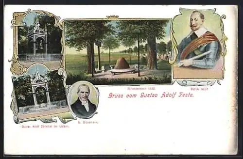 AK Lützen, Gustav Adolf Denkmal, Schwedenstein, Bildnis Gustav Adolf und S. Grossmann