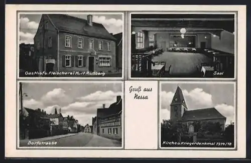 AK Nessa, Gasthof & Fleischerei Kurt Rossberg, Dorfstrasse, Kirche & Kriegerdenkmal