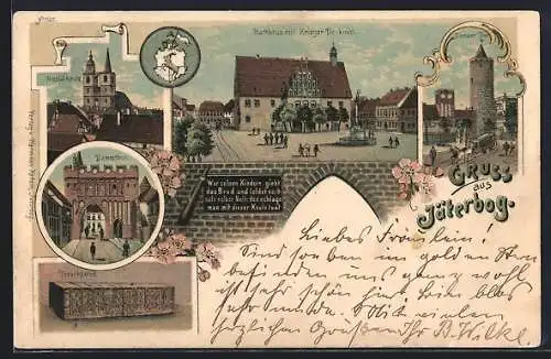 Lithographie Jüterbog, Dammthor, Nicolaikirche, Rathaus und Kriegerdenkmal, Zinnaer Tor, Tezelkasten
