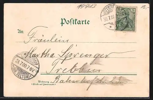 Lithographie Jüterbog, Dammthor, Nicolaikirche, Rathaus und Kriegerdenkmal, Zinnaer Tor, Tezelkasten