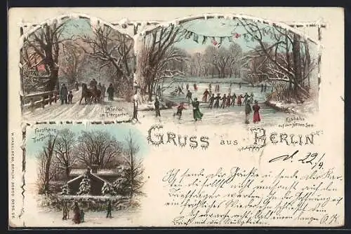 Lithographie Berlin-Tiergarten, Eisbahn auf dem Neuen See, Partie im Ort, Forsthaus