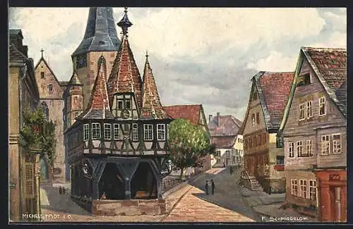 Künstler-AK Michelstadt, Blick auf das Rathaus