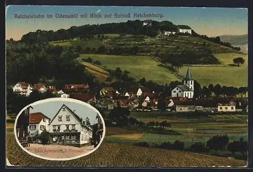 AK Reichelsheim i. Odw., Gasthaus zum Schwanen, Ortsansicht mit Schloss Reichenberg