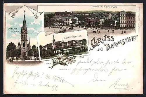 Lithographie Darmstadt, Blick auf Parade- und Theaterplatz, Johanniskirche und Elisabethenstift