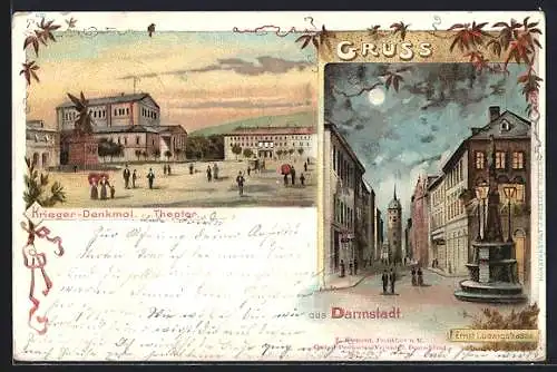 Lithographie Darmstadt, Krieger-Denkmal mit Theater, Ernst Ludwigstrasse bei Nacht