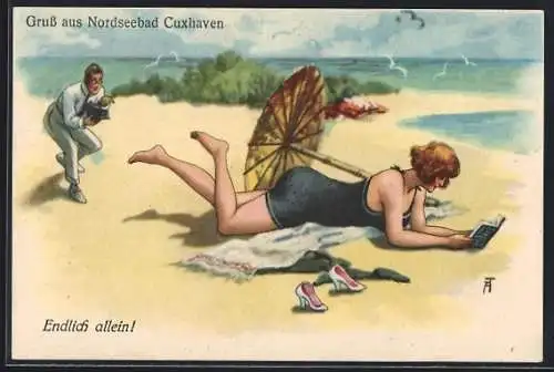Künstler-AK A. Thiele: Voyeur mit einem Fotoapparat beobachtet Dame am Strand