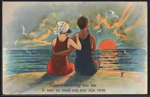 Künstler-AK Arthur Thiele: Liebespaar blick vom Strand auf den Sonnenuntergang