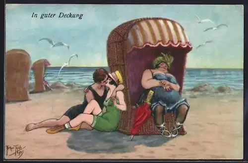 Künstler-AK Arthur Thiele: In guter Deckung, Liebespaar im Schatten eines Strandkorbs