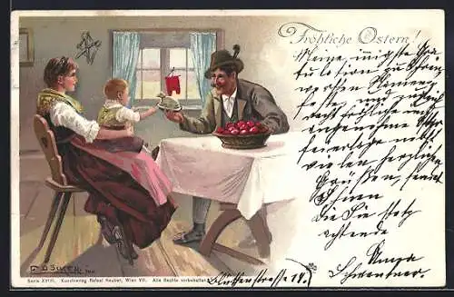 Künstler-AK E. Döcker: Kleinkind wird an Ostern beschenkt, Ostergruss