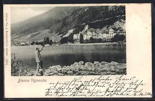 AK Bienne-Vigneules, Uferpartie mit Mann