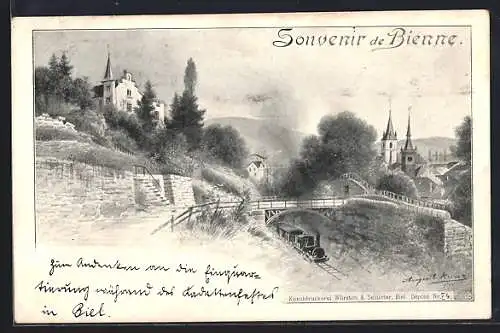 AK Bienne, Teilansicht mit Kirche und Eisenbahn