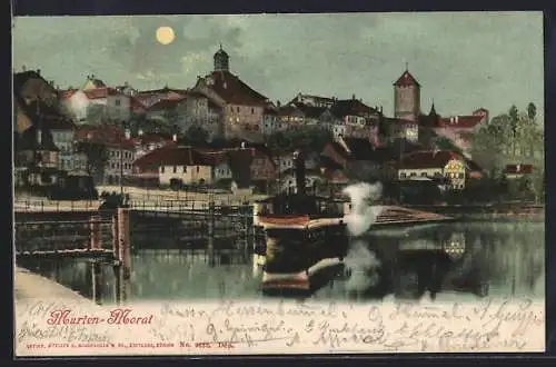 AK Murten /Morat, Ortsansicht mit Dampferanlegestelle bei Vollmond
