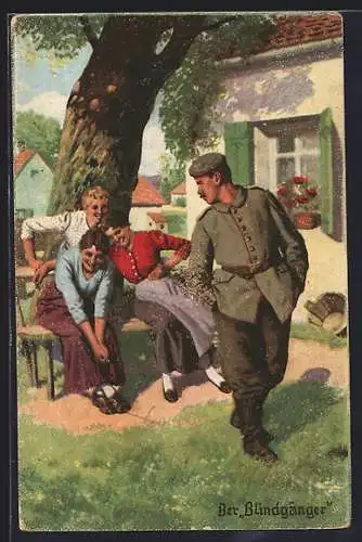 Künstler-AK Arthur Thiele unsign.: Der Blindgänger, verärgerter Soldat verlässt kichernde Frauen