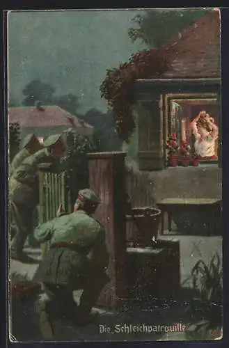 Künstler-AK Arthur Thiele unsign.: Die Schleichpatrouille, Soldaten schauen bei einer Frau durchs Fenster