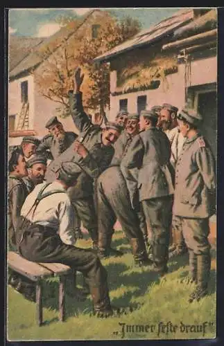 Künstler-AK Soldatenhumor, Immer feste drauf, deutsche Soldaten in Feldgrau versohlen einem Kamerad den Hintern