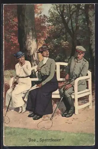 Künstler-AK Arthur Thiele: Das Sperrfeuer, Soldat mit 2 Frauen auf einer Bank zeichnet Herz in den Sand