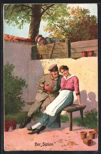 Künstler-AK Arthur Thiele unsign.: Soldatenhumor, Der Spion, Soldat guckt über den Gartenzaun