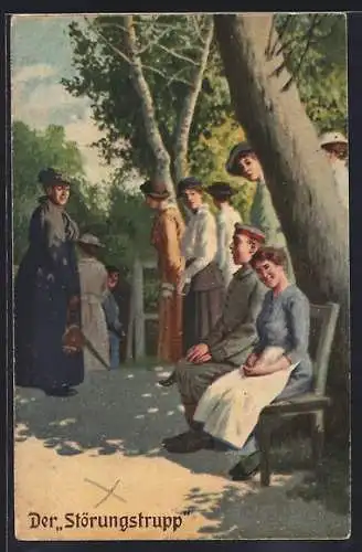 Künstler-AK Arthur Thiele: Immer Fachmann, 8. Der Störungstrupp, Soldat mit Mädel und Spaziergängerinnen