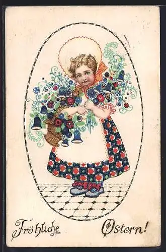 Künstler-AK Süsses Mädchen mit Blumen im Arm, Jugendstil