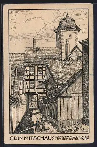 Künstler-AK Crimmitschau, Stadtmauerweg mit dem Roten Turm