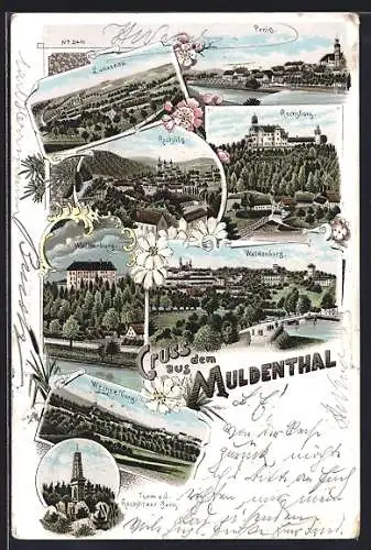 Lithographie Rochlitz, Lunzenau, Penig, Wechselburg, Wolkenburg, Turm auf dem Rochlitzer Berg