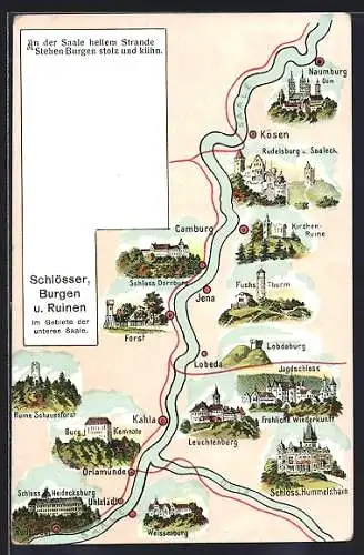 Lithographie Jena, Fuchsturm, Schloss Dornburg, Rudelsburg, Schlösser, Burgen u. Ruinen im Gebiete der unteren Saale