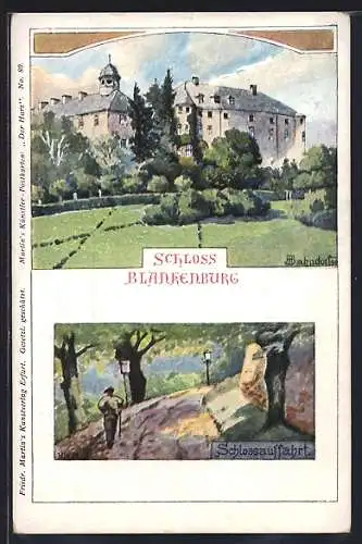 Künstler-AK H. Bahndorf: Blankenburg / Harz, Schloss und Schlossauffahrt
