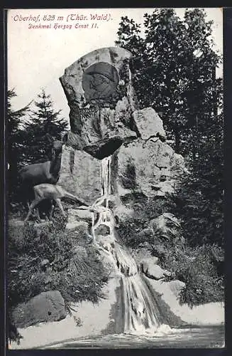 AK Oberhof / Thüringen, Denkmal Herzog Ernst II. mit kleinem Wasserfall