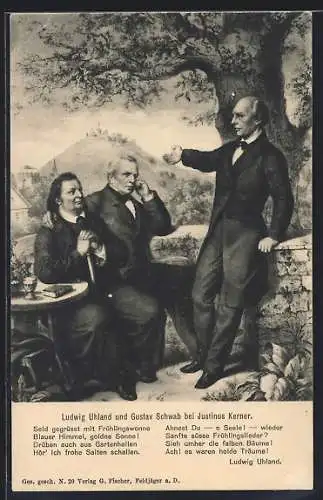 AK Ludwig Uhland u. Gustav Schwab bei Justinius Kerner, Gedicht: Seid gegrüsst...